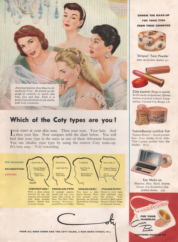 Which of the Coty types are you?. Fashion advert. BRITISH VOGUE 1955 old print